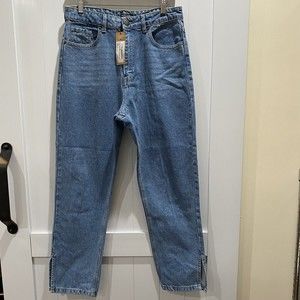 Nasty Gal Organic Denim Split Hem Mom Jeans Light Blue Size US 12 High Rise NWT